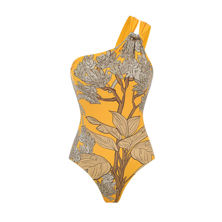 Conjunto de Traje de Baño de Una Sola Manga con Estampado Floral y Falda Larga para Vacaciones en la Playa, Fiesta en la Piscina, Resort Tropical Verano – Amarillo