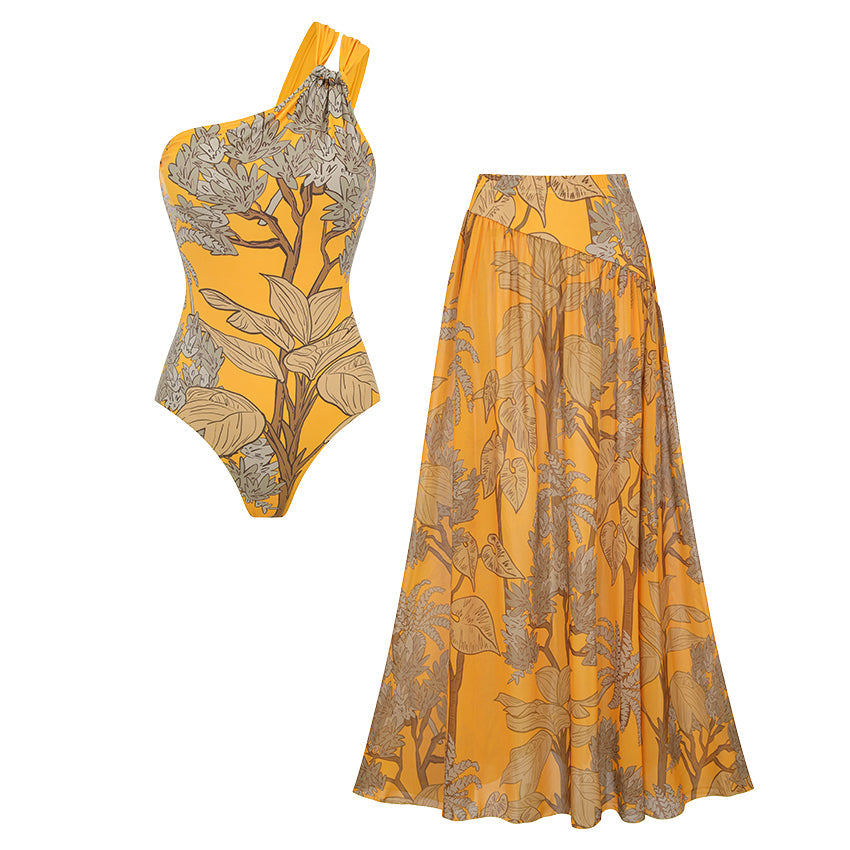 Conjunto de Traje de Baño de Una Sola Manga con Estampado Floral y Falda Larga para Vacaciones en la Playa, Fiesta en la Piscina, Resort Tropical Verano – Amarillo