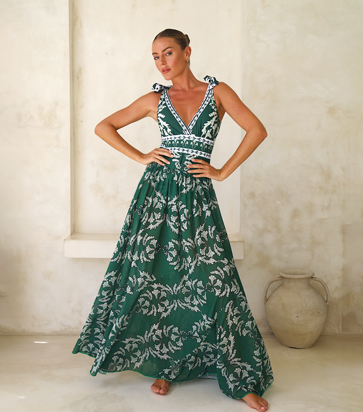 Conjunto de traje de baño de una pieza con escote en V, cordones y falda larga impresa para mujeres – Verde Floral