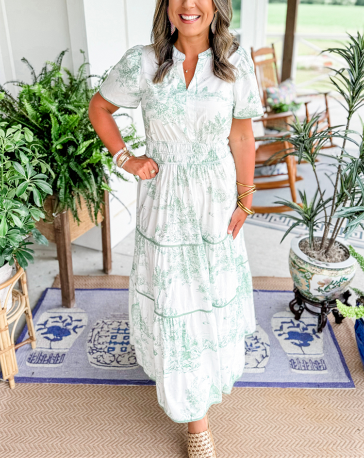 Vestido Midi de Mujer con Cintura Fruncida, Falda de Volantes Floral, Casual de Primavera y Verano Elegante – Camille