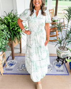 Vestido Midi de Mujer con Cintura Fruncida, Falda de Volantes Floral, Casual de Primavera y Verano Elegante – Camille