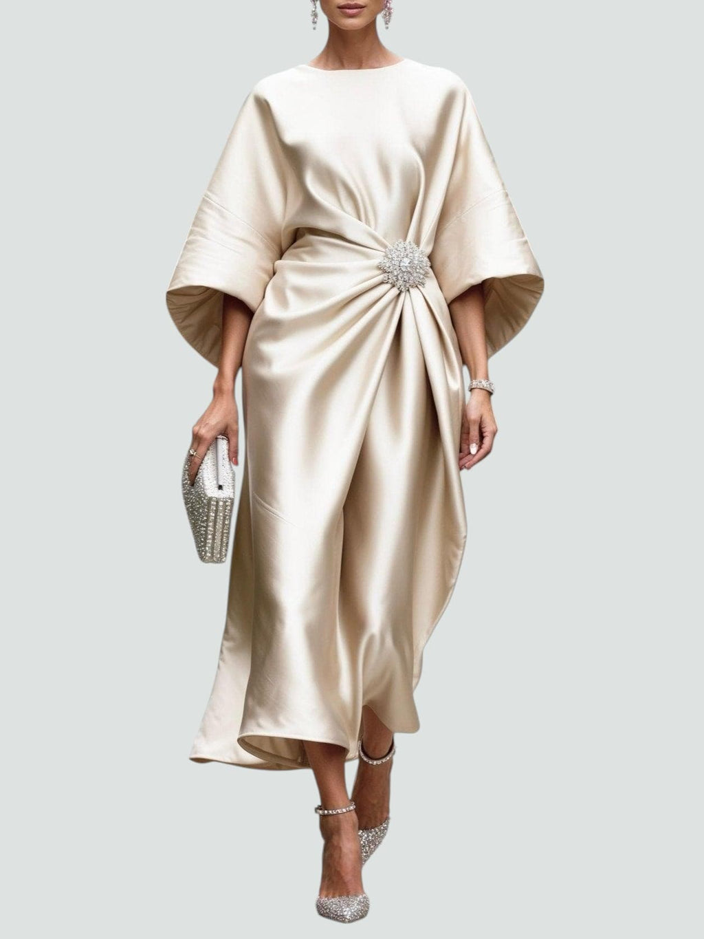 Vestido Midi Elegante de Satén para Mujer Estilo Envolvente de Manga Larga Formal Fiesta Invitada de Boda – Coralyeth