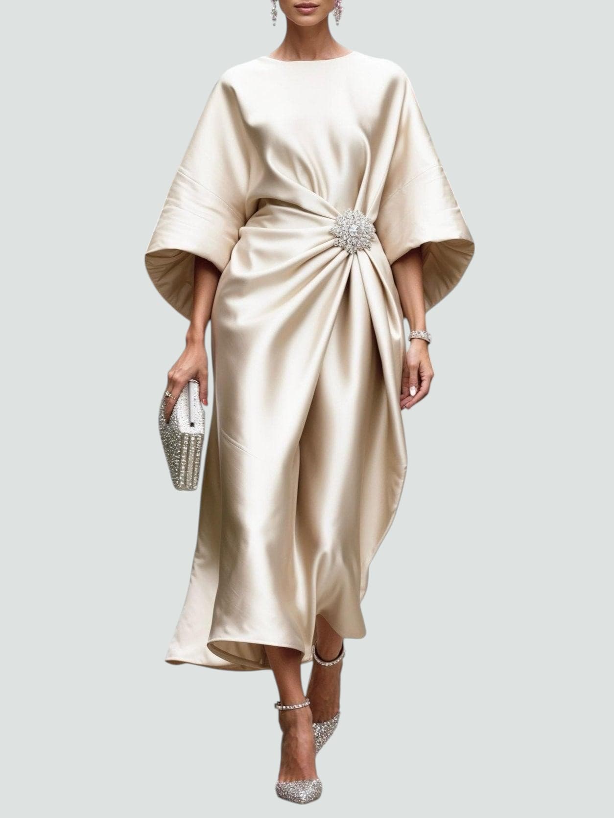 Vestido Midi Elegante de Satén para Mujer Estilo Envolvente de Manga Larga Formal Fiesta Invitada de Boda – Coralyeth