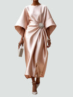 Vestido Midi Elegante de Satén para Mujer Estilo Envolvente de Manga Larga Formal Fiesta Invitada de Boda – Coralyeth
