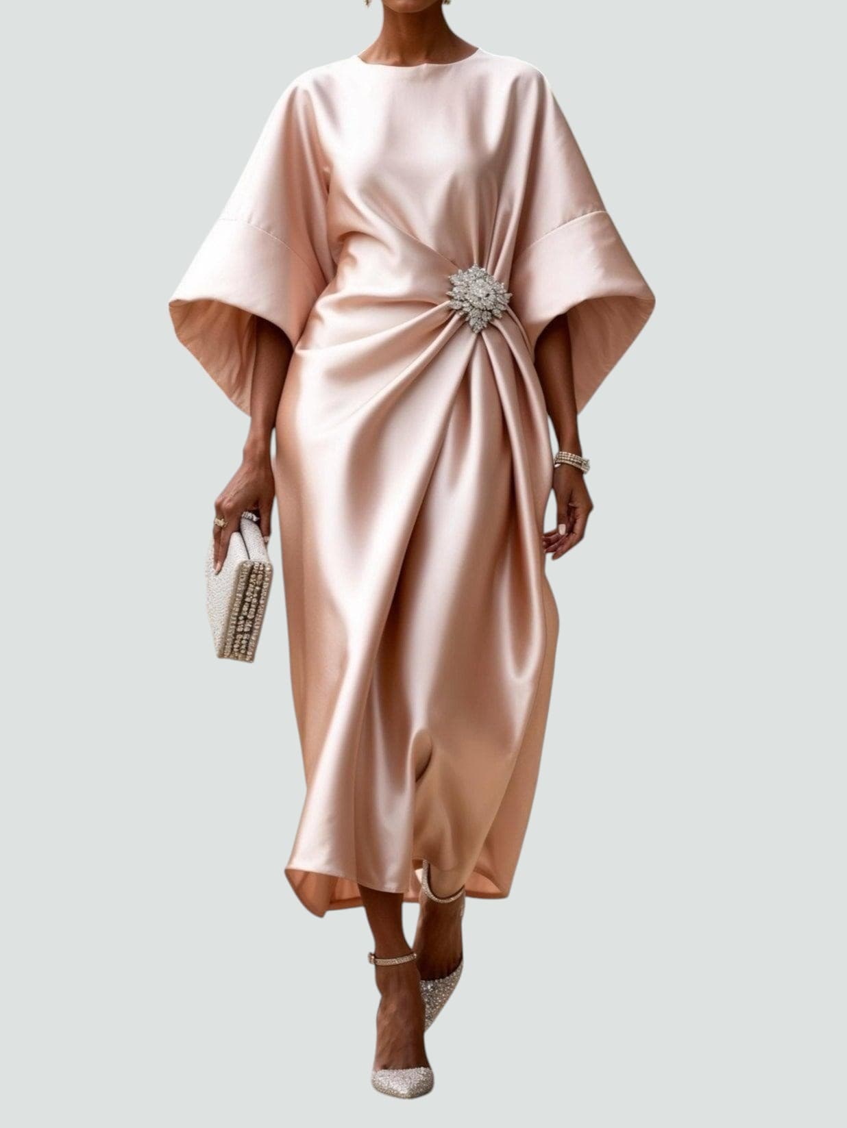 Vestido Midi Elegante de Satén para Mujer Estilo Envolvente de Manga Larga Formal Fiesta Invitada de Boda – Coralyeth