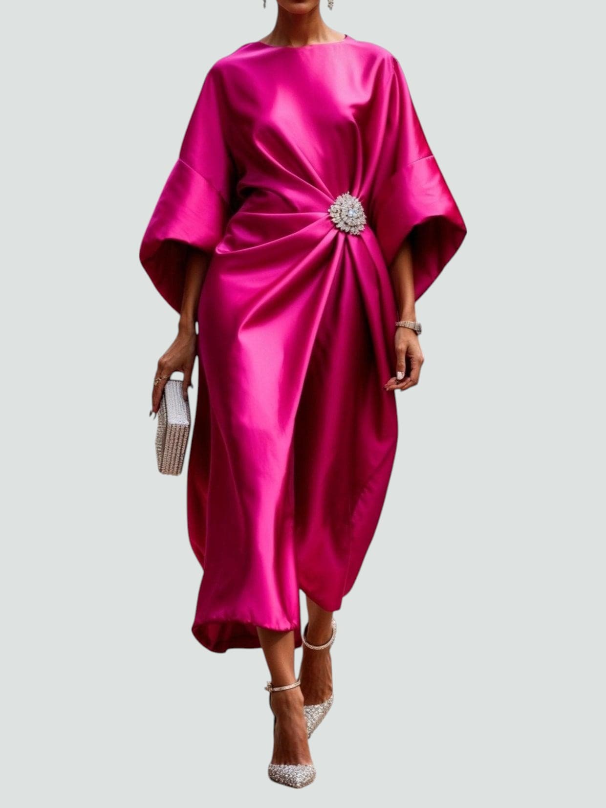 Vestido Midi Elegante de Satén para Mujer Estilo Envolvente de Manga Larga Formal Fiesta Invitada de Boda – Coralyeth