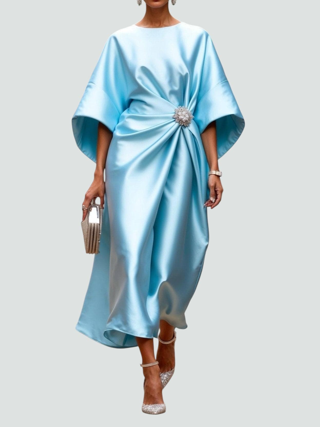 Vestido Midi Elegante de Satén para Mujer Estilo Envolvente de Manga Larga Formal Fiesta Invitada de Boda – Coralyeth