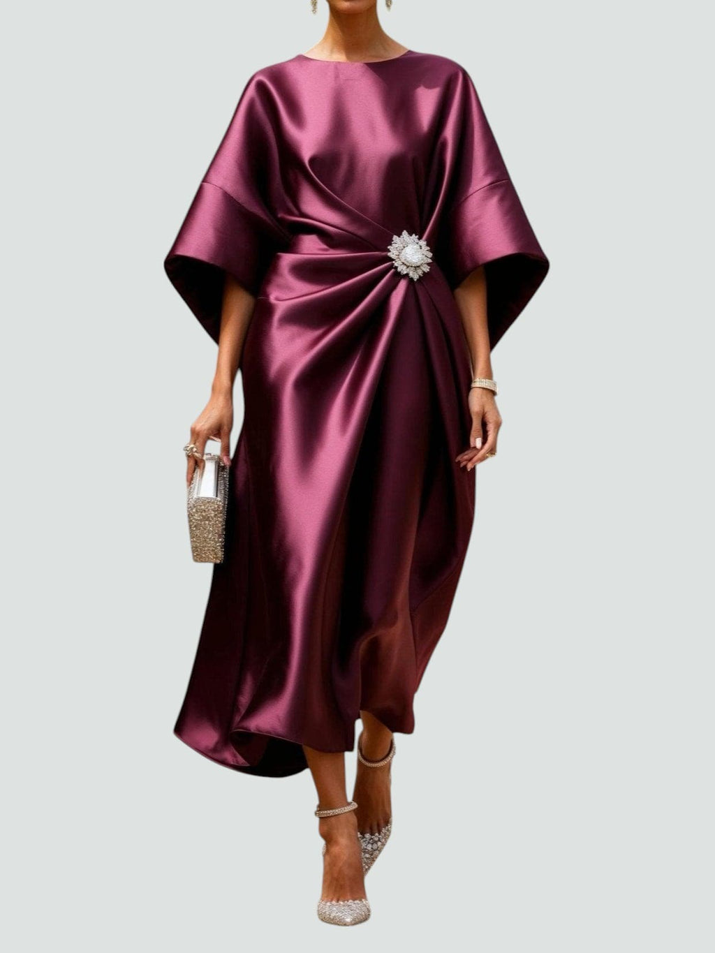 Vestido Midi Elegante de Satén para Mujer Estilo Envolvente de Manga Larga Formal Fiesta Invitada de Boda – Coralyeth