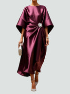 Vestido Midi Elegante de Satén para Mujer Estilo Envolvente de Manga Larga Formal Fiesta Invitada de Boda – Coralyeth