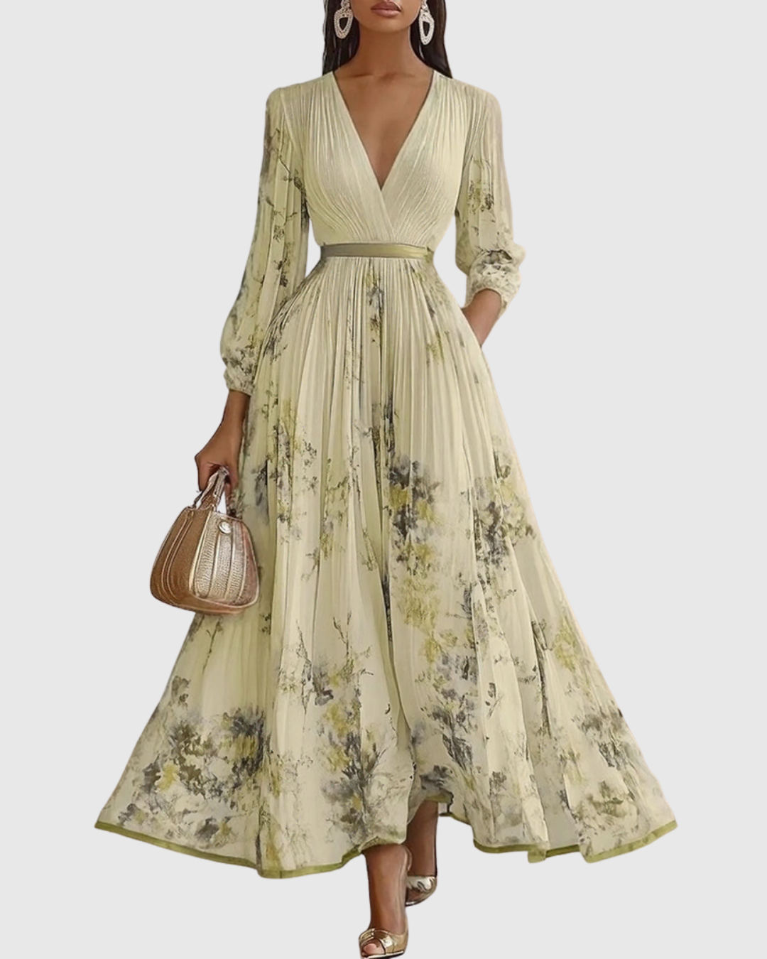 Vestido Largo Floral Plisado Elegante para Mujer con Escote en V y Manga Larga, Cintura con Cinta, Formal e Informal – Rowella