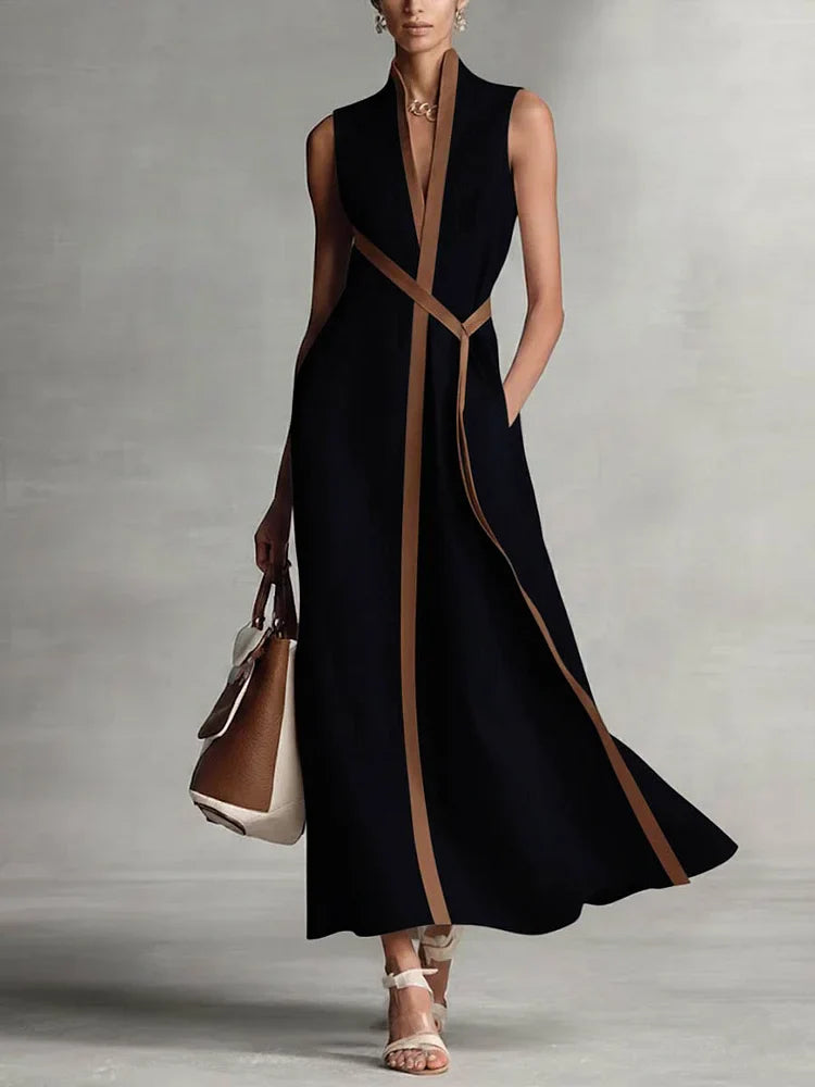 Vestido Midi Formal Sin Mangas de Algodón y Lino para Mujer, Cuello Alto, Verano, Playa, Vacaciones, Trabajo, Uso Diario – Aurora