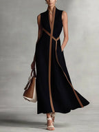 Vestido Midi Formal Sin Mangas de Algodón y Lino para Mujer, Cuello Alto, Verano, Playa, Vacaciones, Trabajo, Uso Diario – Aurora