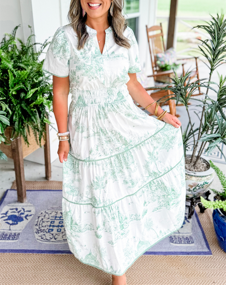 Vestido Midi de Mujer con Cintura Fruncida, Falda de Volantes Floral, Casual de Primavera y Verano Elegante – Camille