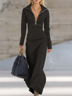 Vestido Largo Deportivo de Cuello en V con Cremallera para Mujer, Manga Larga, Ajustado, Casual, Formal, Fiesta, Vaquera, Elegante