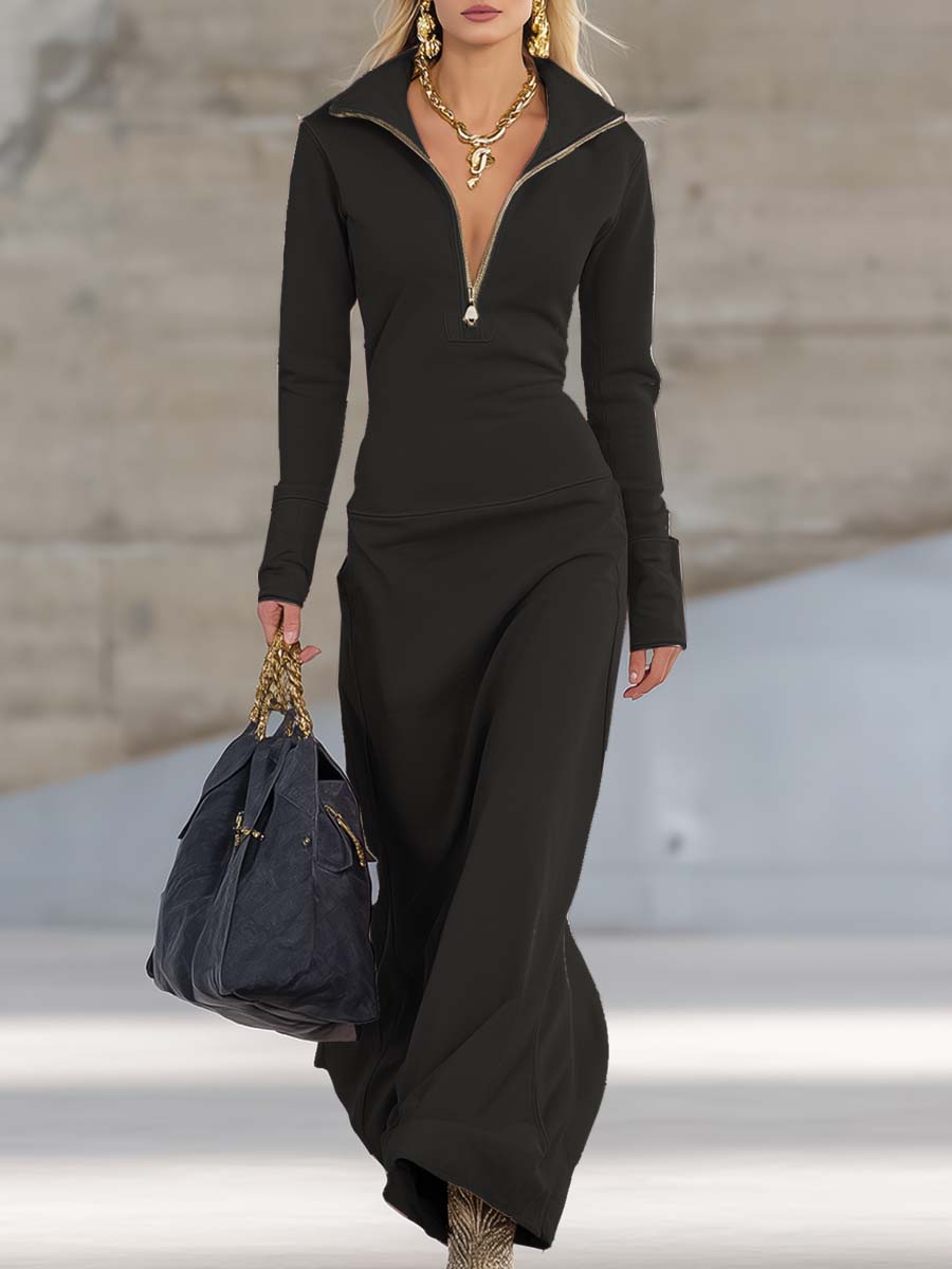 Vestido Largo Deportivo de Cuello en V con Cremallera para Mujer, Manga Larga, Ajustado, Casual, Formal, Fiesta, Vaquera, Elegante