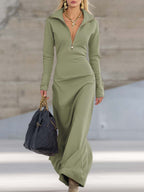 Vestido Largo Deportivo de Cuello en V con Cremallera para Mujer, Manga Larga, Ajustado, Casual, Formal, Fiesta, Vaquera, Elegante