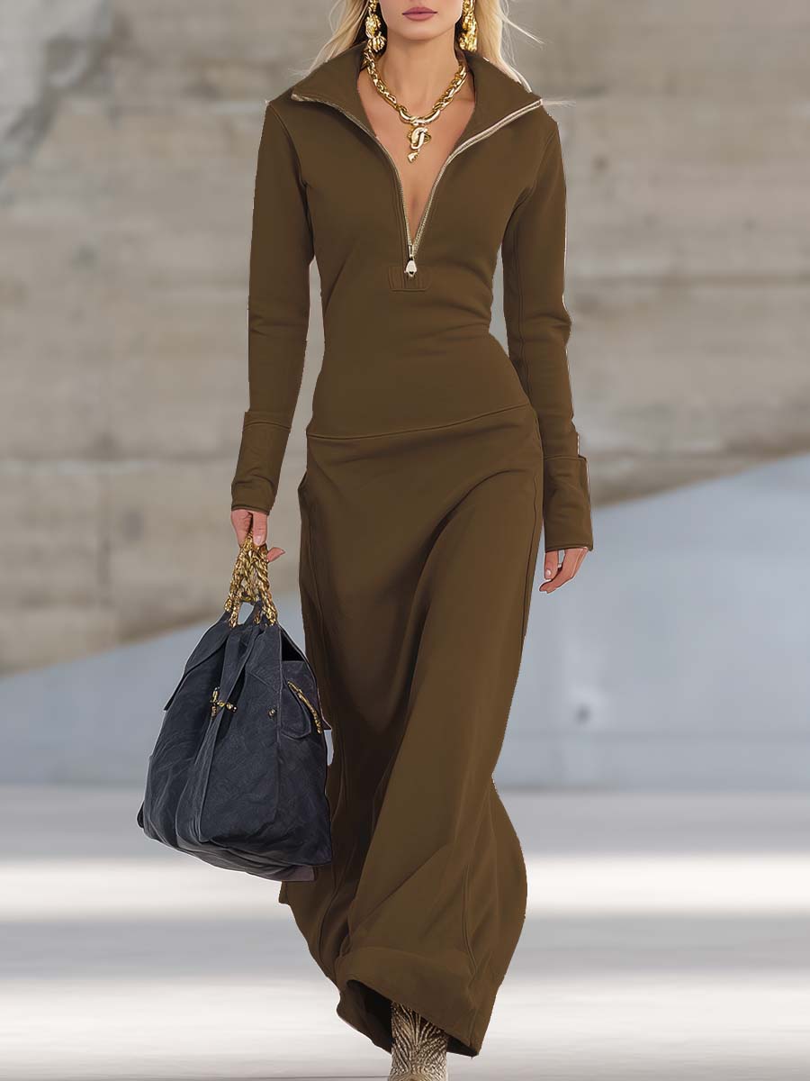 Vestido Largo Deportivo de Cuello en V con Cremallera para Mujer, Manga Larga, Ajustado, Casual, Formal, Fiesta, Vaquera, Elegante