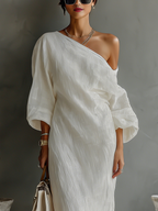 Vestido Largo Elegante de Una Sola Manga para Mujer de Algodón y Lino, Fluido, Formal, para Fiestas y Bodas – Blanco Marfil