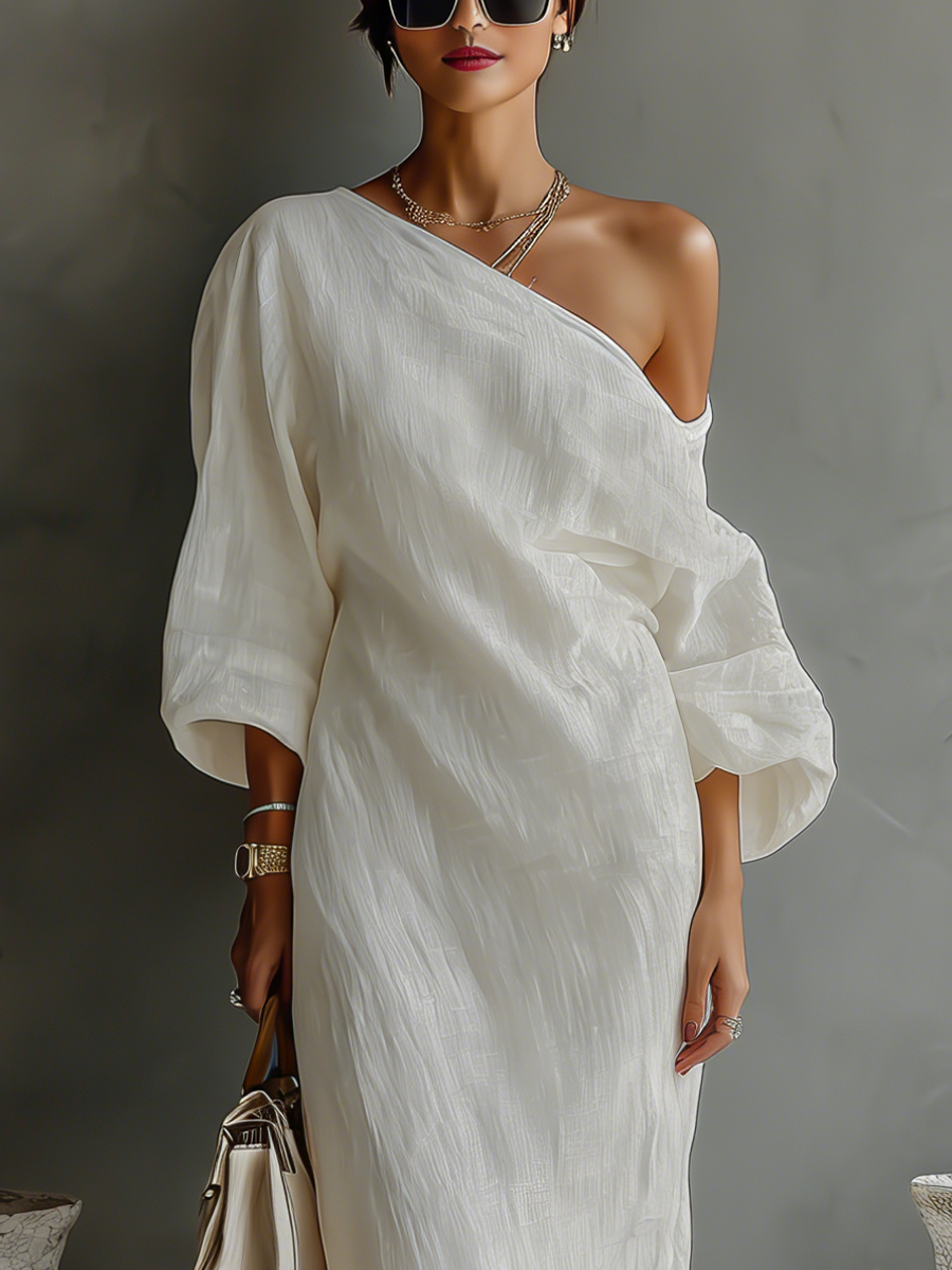 Vestido Largo Elegante de Una Sola Manga para Mujer de Algodón y Lino, Fluido, Formal, para Fiestas y Bodas – Blanco Marfil