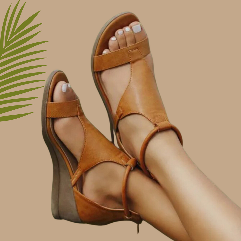 Sandalias de Cuña de Cuero para Mujer con Abierto en la Punta y Correa en el Tobillo, Soporte para el Arco, Zapatos Casuales de Verano – Marley