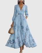 Vestido Largo Floral Plisado Elegante para Mujer con Escote en V y Manga Larga, Cintura con Cinta, Formal e Informal – Rowella