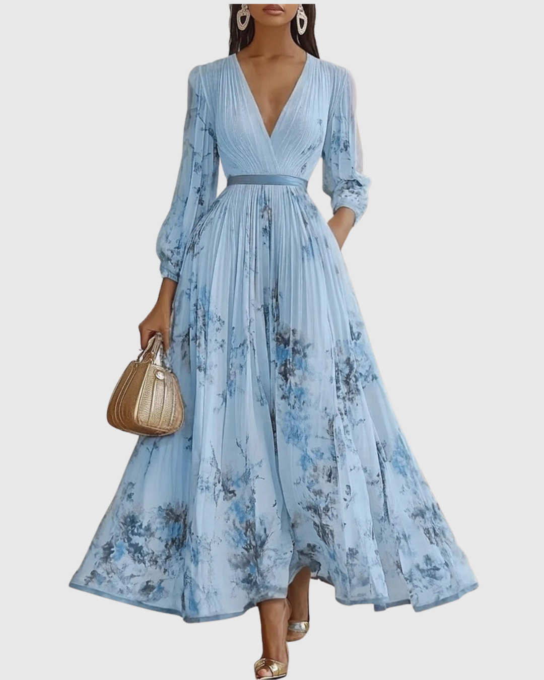 Vestido Largo Floral Plisado Elegante para Mujer con Escote en V y Manga Larga, Cintura con Cinta, Formal e Informal – Rowella