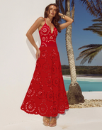 Conjunto de Traje de Baño de Una Pieza Floral con Corte y Falda Larga de V-Cuello para Vacaciones en la Playa, Fiesta en la Piscina, Verano Resort – Rojo