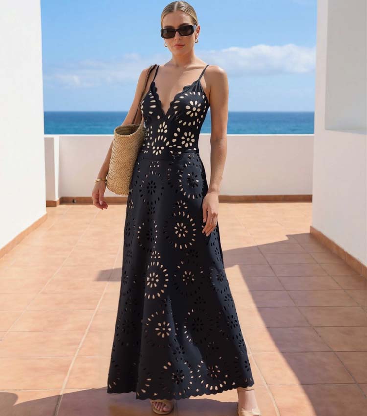 Conjunto de Traje de Baño de Una Pieza con Corte Láser Floral y Falda Larga de Cuello en V para Vacaciones en la Playa, Fiesta en la Piscina, Resort y Crucero – Negro