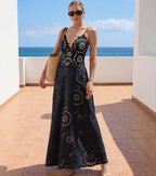 Conjunto de Traje de Baño de Una Pieza con Corte Láser Floral y Falda Larga de Cuello en V para Vacaciones en la Playa, Fiesta en la Piscina, Resort y Crucero – Negro
