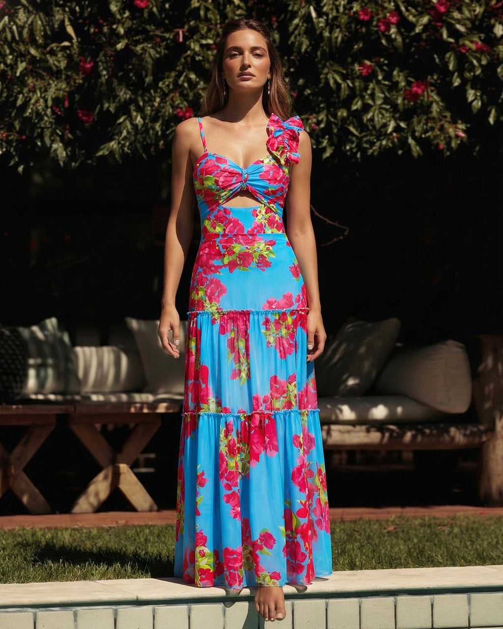 Traje de Baño de Una Pieza Con Corte láser En Forma De Flor y Falda Cubriente, Escote En V, Elegante, Para la Playa, Perano – Azul marino