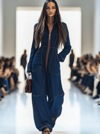 Mono de mezclilla retro suelto y casual para mujer, con solapa y costuras rojas, pierna ancha, manga y bolsillo – Azul