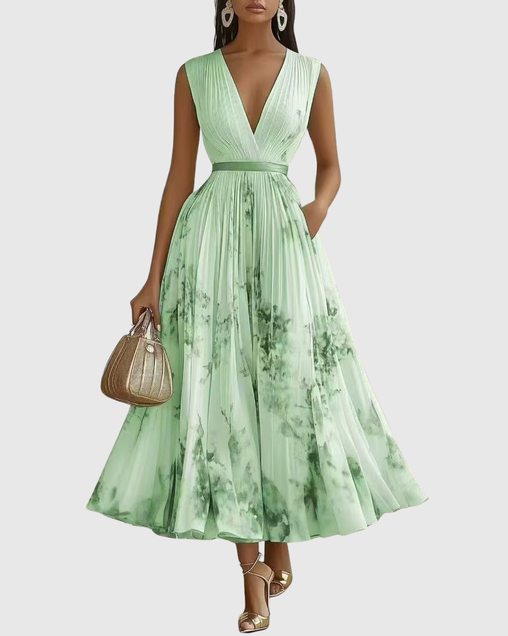 Vestido Largo Floral Plisado Elegante para Mujer con Escote en V y Manga Larga, Cintura con Cinta, Formal e Informal – Rowella