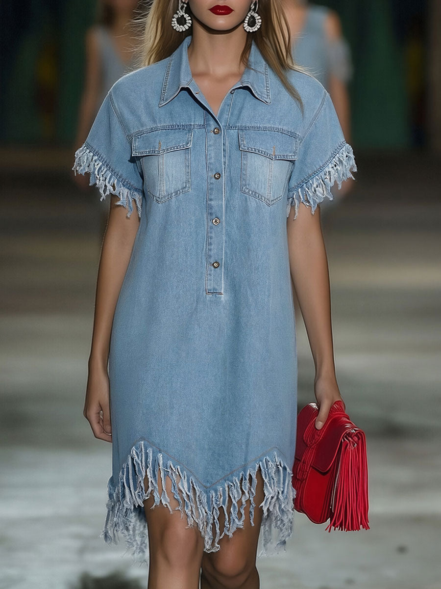 Vestido Mini Camisa de Mezclilla Vintage para Mujeres con Mangas Cortas, Flecos de Borlas, Cuello de Solapa, Casual, Verano, Playa – Azul Claro, Corte Suelto