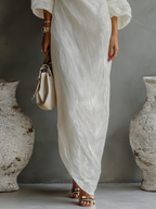 Vestido Largo Elegante de Una Sola Manga para Mujer de Algodón y Lino, Fluido, Formal, para Fiestas y Bodas – Blanco Marfil
