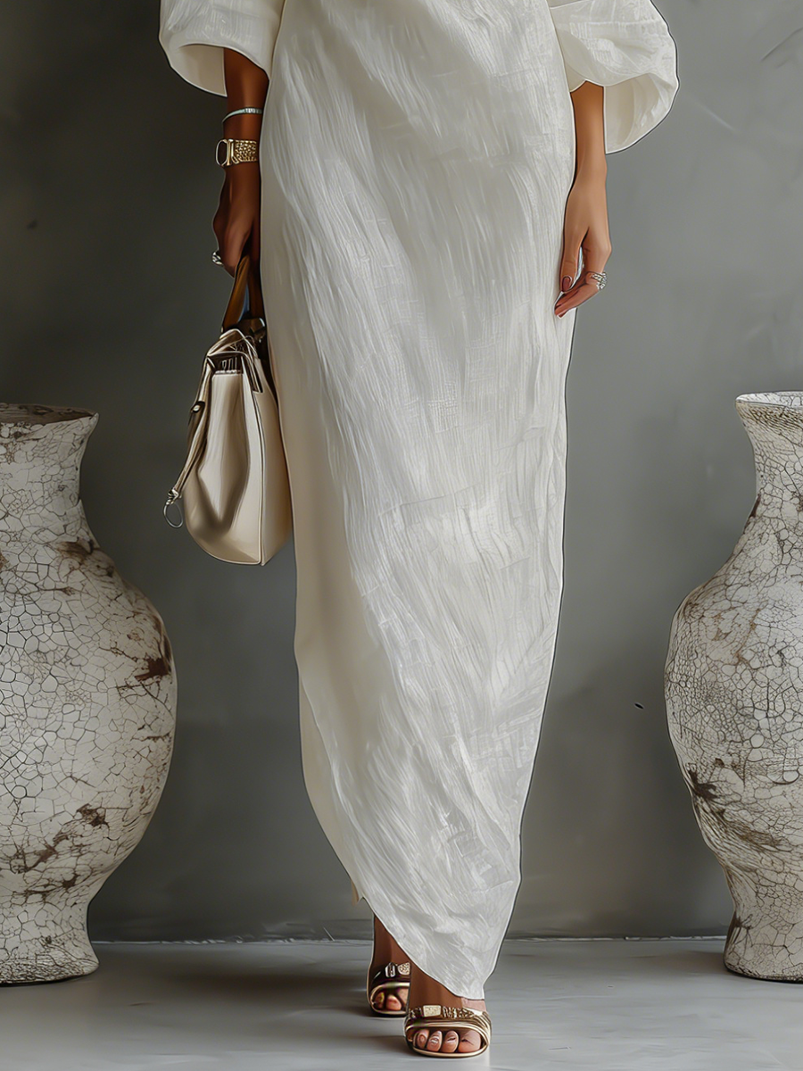 Vestido Largo Elegante de Una Sola Manga para Mujer de Algodón y Lino, Fluido, Formal, para Fiestas y Bodas – Blanco Marfil