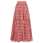 Conjunto de Traje de Baño de Una Pieza con Volantes y Falda Larga a Rayas Rojas - Frente Torcido para Vacaciones en la Playa, Fiesta en la Piscina, Verano en el Resort – Rojo y Blanco