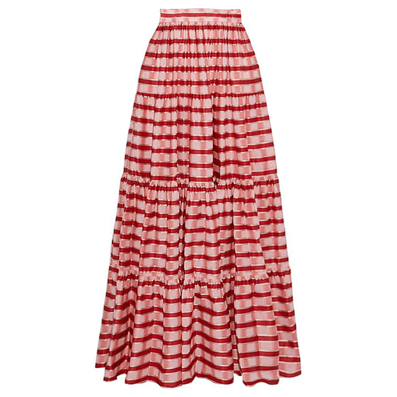 Conjunto de Traje de Baño de Una Pieza con Volantes y Falda Larga a Rayas Rojas - Frente Torcido para Vacaciones en la Playa, Fiesta en la Piscina, Verano en el Resort – Rojo y Blanco