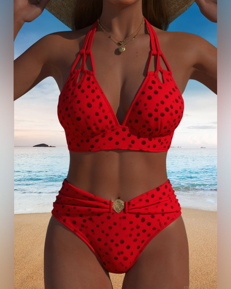 Conjunto de Bikini Halter de Lunares para Mujeres, Traje de Baño de Dos Piezas, Sin Mangas, Playa, Verano, Vacaciones