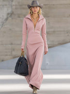 Vestido Largo Deportivo de Cuello en V con Cremallera para Mujer, Manga Larga, Ajustado, Casual, Formal, Fiesta, Vaquera, Elegante