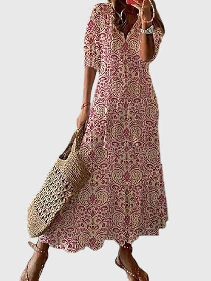 Vestido Midi de Verano Boho Vintage para Mujeres con Estampado Floral y Manga Corta Casual Femenino Chic – Amalia