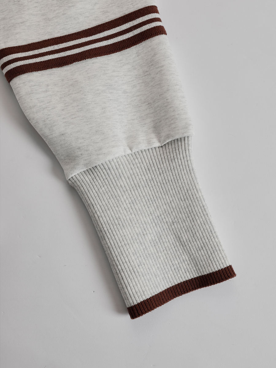Conjunto Deportivo Retro para Mujer de Dos Piezas Sudadera con Media Cremallera Pantalones de Pierna Ancha con Cinta a Rayas Casual – Gris Blanco