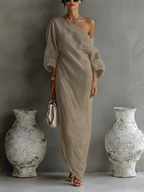 Vestido Largo Elegante de Una Sola Manga para Mujer de Algodón y Lino, Fluido, Formal, para Fiestas y Bodas – Blanco Marfil