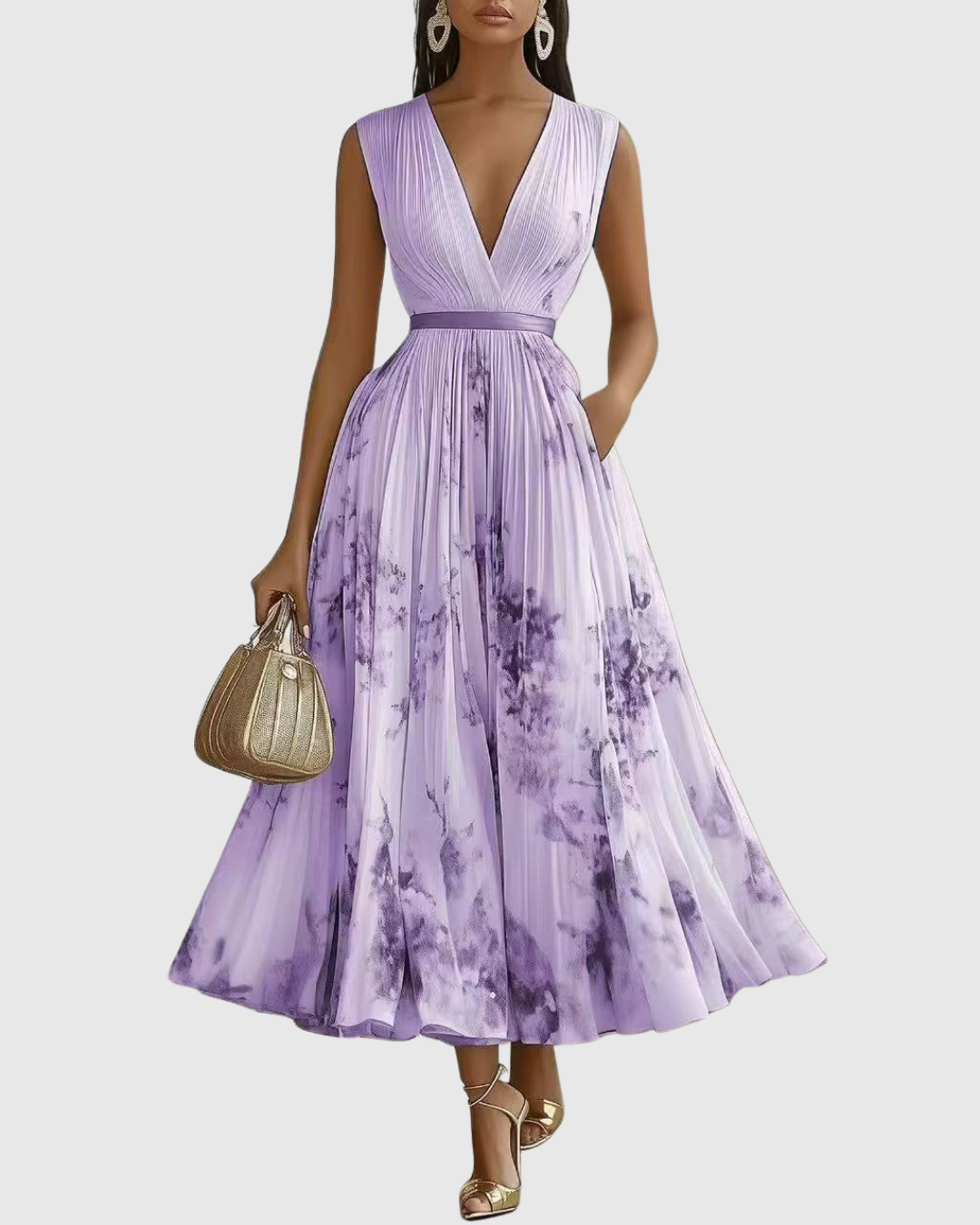 Vestido Largo Floral Plisado Elegante para Mujer con Escote en V y Manga Larga, Cintura con Cinta, Formal e Informal – Rowella
