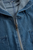 Mono de mezclilla retro casual suelto con capucha y cremallera para mujer – Azul