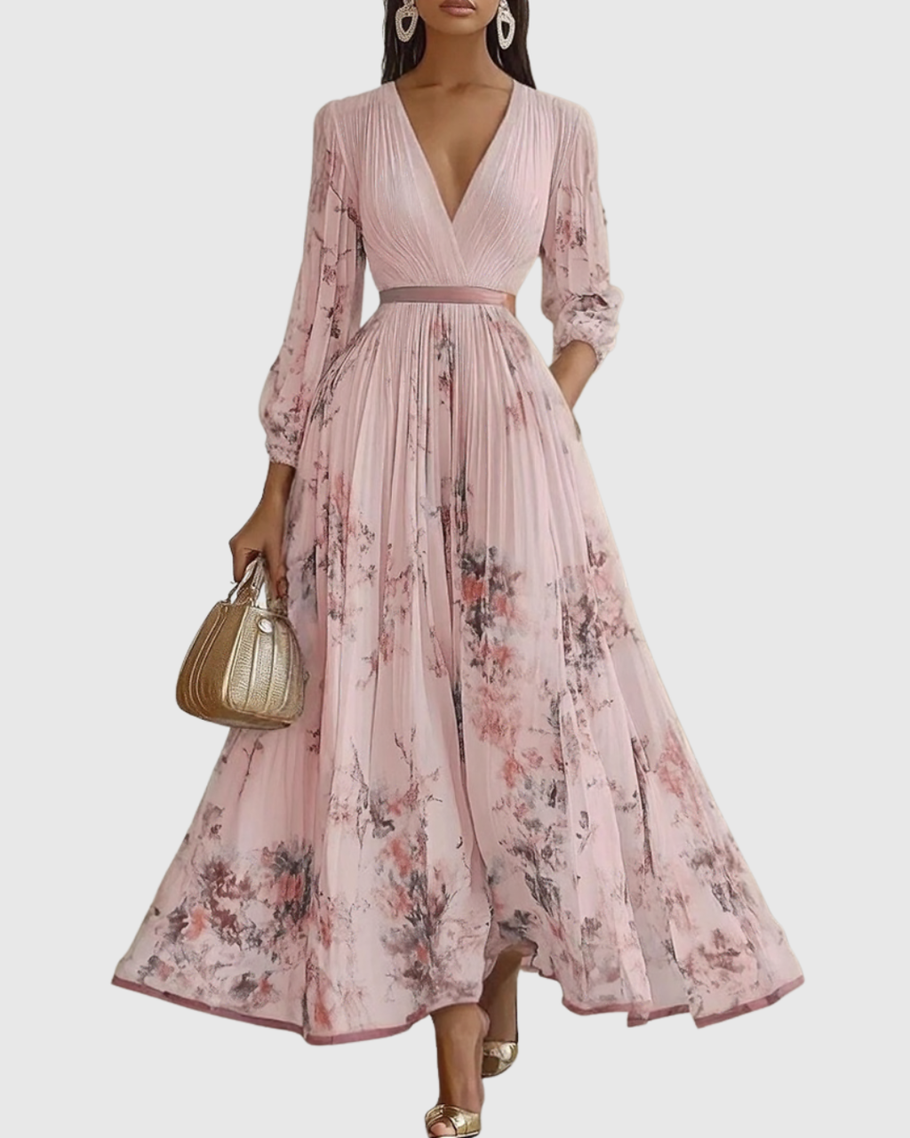 Vestido Largo Floral Plisado Elegante para Mujer con Escote en V y Manga Larga, Cintura con Cinta, Formal e Informal – Rowella