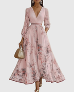 Vestido Largo Floral Plisado Elegante para Mujer con Escote en V y Manga Larga, Cintura con Cinta, Formal e Informal – Rowella