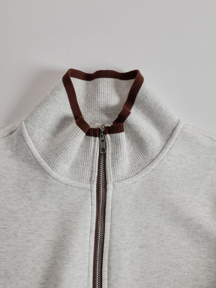 Conjunto Deportivo Retro para Mujer de Dos Piezas Sudadera con Media Cremallera Pantalones de Pierna Ancha con Cinta a Rayas Casual – Gris Blanco