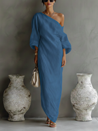Vestido Largo Elegante de Una Sola Manga para Mujer de Algodón y Lino, Fluido, Formal, para Fiestas y Bodas – Blanco Marfil