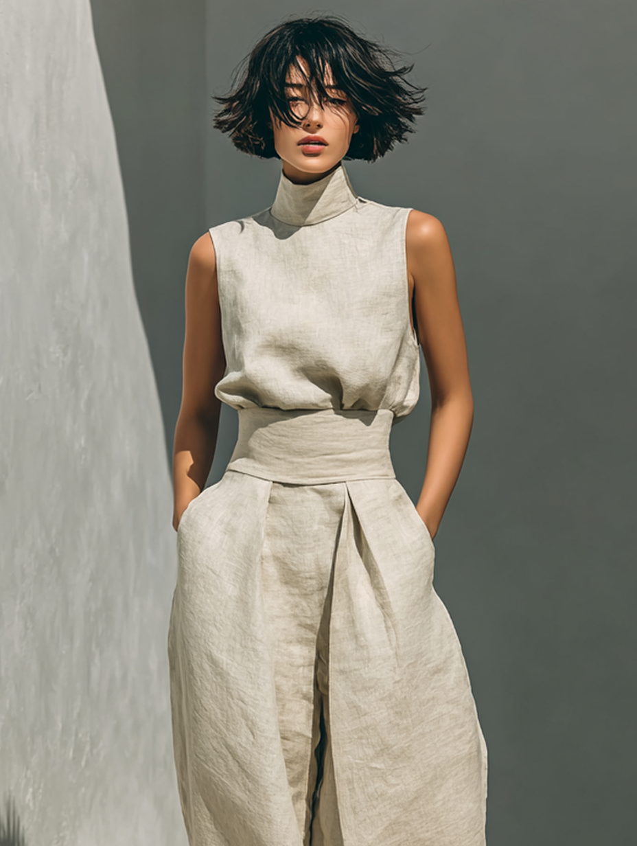 Conjunto de Dos Piezas de Lino y Algodón Minimalista para Mujer, Blusa Sin Mangas y Pantalones de Pierna Ancha, Casual Chic – Beige