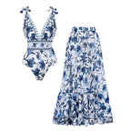 Conjunto de Traje de Baño de Una Pieza Con Escote En V, Cordones y Estampado Floral & Falda larga - Vacaciones En La Playa, Resort, Fiesta En La Piscina, Crucero, Luna de Miel – Azul